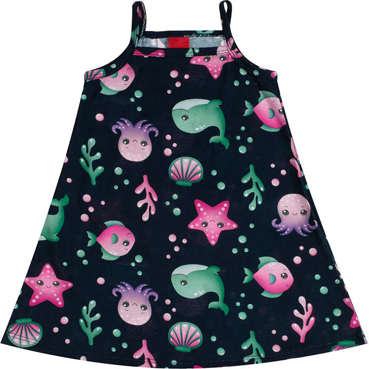 Vestido Infantil Regata com Estampa Fundo do Mar Colorida