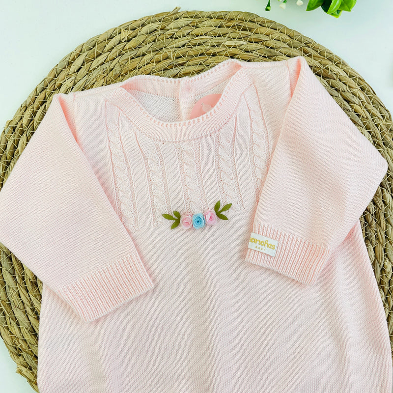Saida De Maternidade Macacão Sanches Baby Trama E Florzinhas Em Tricot 5 Peças