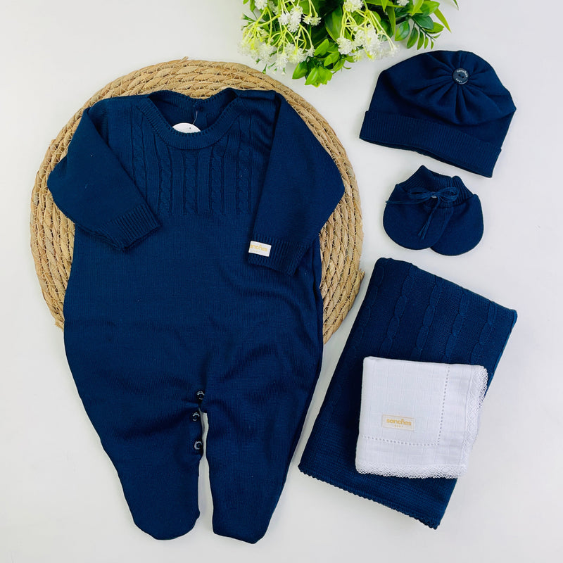 Saida De Maternidade Macacão Sanches Baby Trança Em Tricot 5 Peças