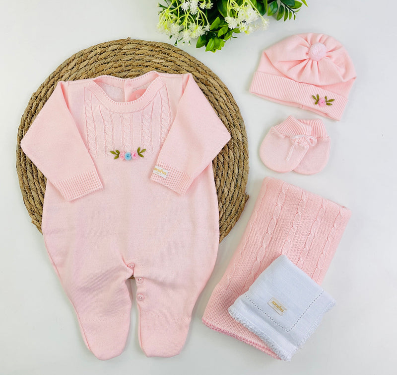 Saida De Maternidade Macacão Sanches Baby Trama E Florzinhas Em Tricot 5 Peças