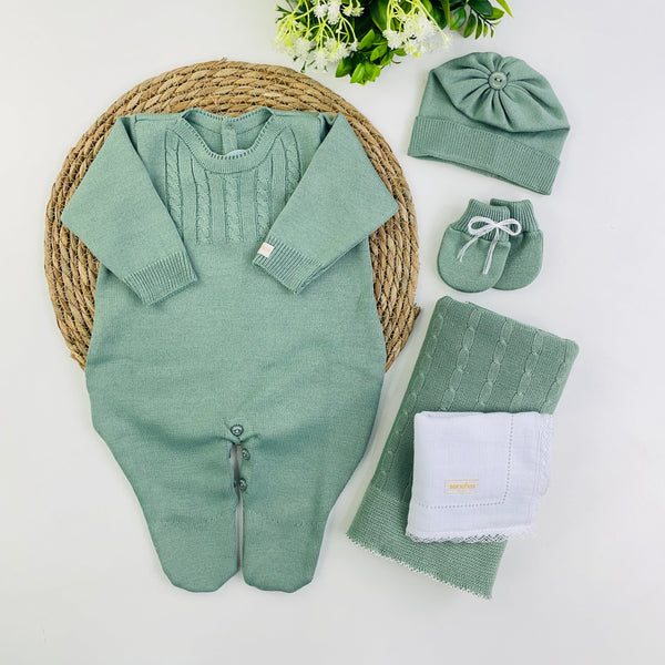 Saida De Maternidade Macacão Sanches Baby Trança Em Tricot 5 Peças