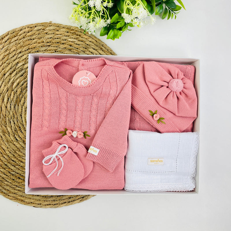 Saida De Maternidade Macacão Sanches Baby Trama E Florzinhas Em Tricot 5 Peças