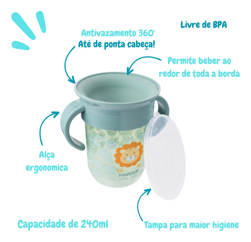 Copo Treinamento 360 Pimpolho Leao C/alca E Tampa +6 M - 240 Ml - Verde