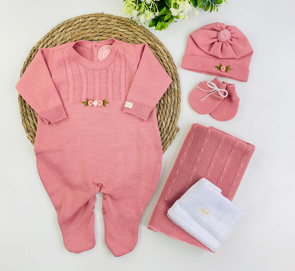 Saida De Maternidade Macacão Sanches Baby Trama E Florzinhas Em Tricot 5 Peças