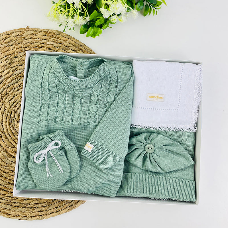 Saida De Maternidade Macacão Sanches Baby Trança Em Tricot 5 Peças