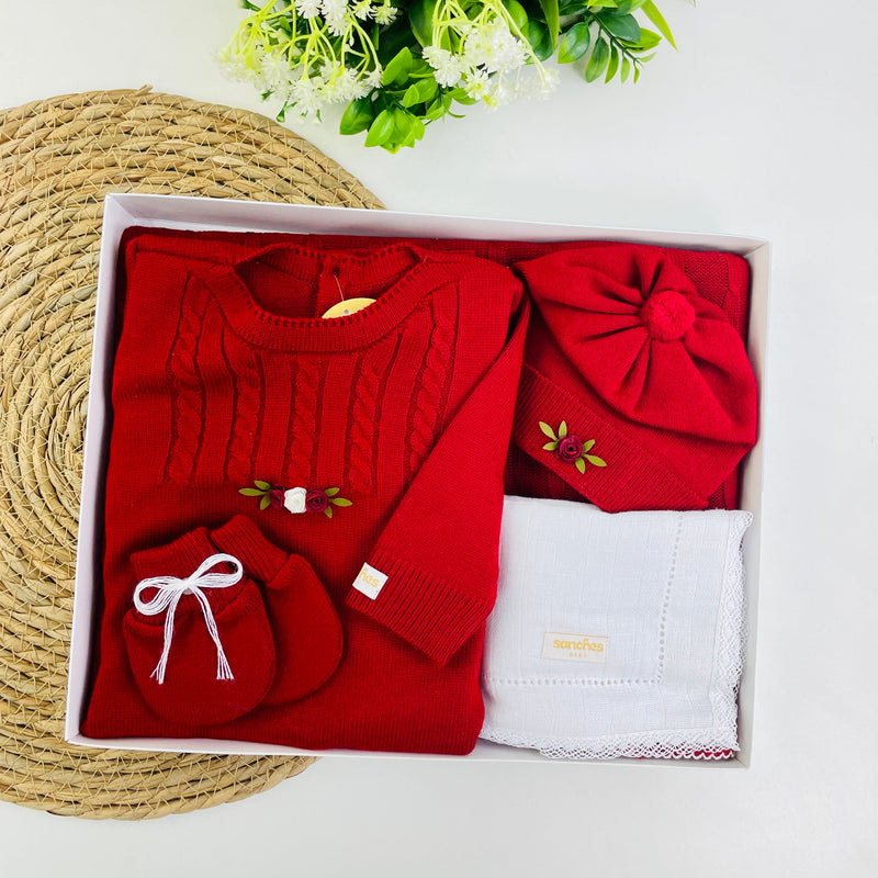 Saida De Maternidade Macacão Sanches Baby Trama E Florzinhas Em Tricot 5 Peças