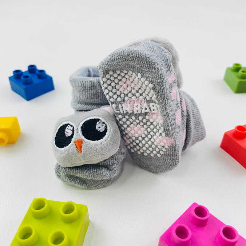 Meia Bichinhos Plin Baby Coruja Antiderrapante - Cinza