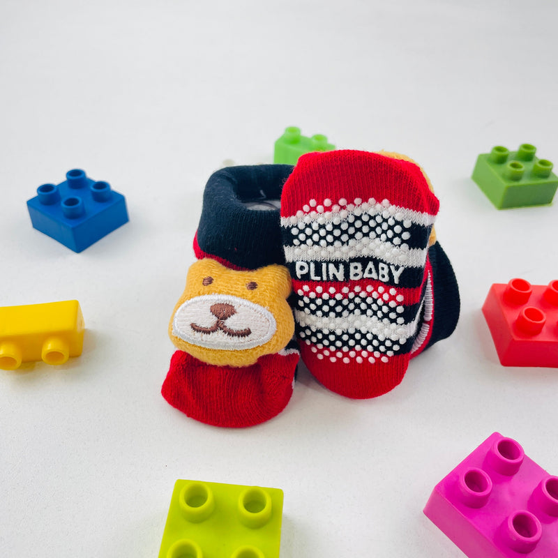 Meia Bichinhos Plin Baby Urso Listras Antiderrapante - Vermelho