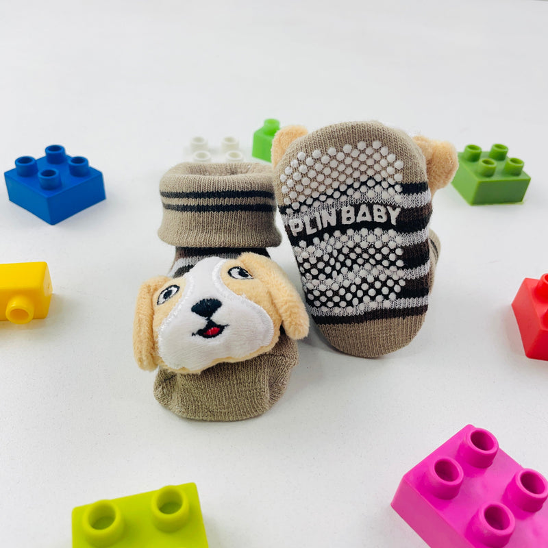Meia Bichinhos Plin Baby Cachorro Antiderrapante - Bege