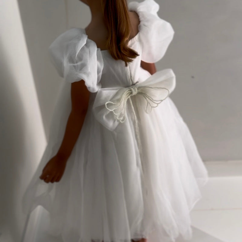Vestido Infantil Bufante Branco com Pérolas