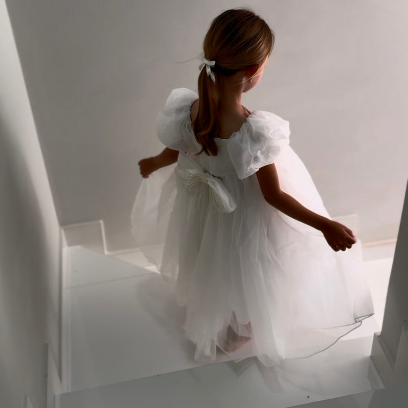 Vestido Infantil Bufante Branco com Pérolas