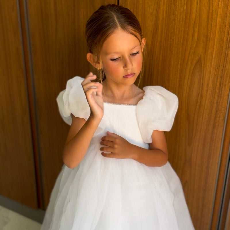 Vestido Infantil Bufante Branco com Pérolas
