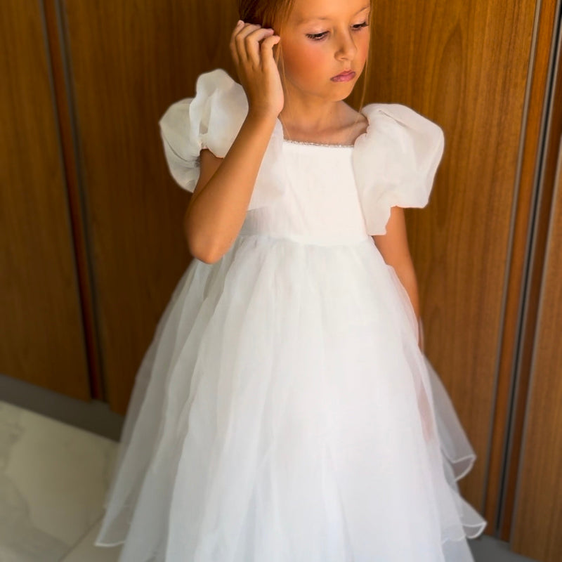 Vestido Infantil Bufante Branco com Pérolas