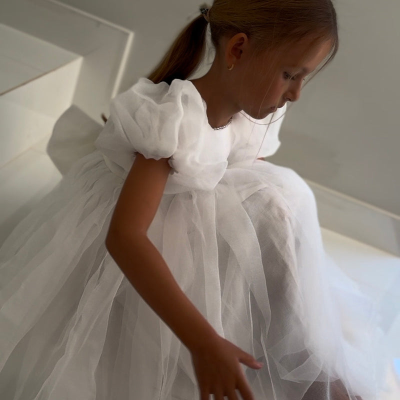Vestido Infantil Bufante Branco com Pérolas