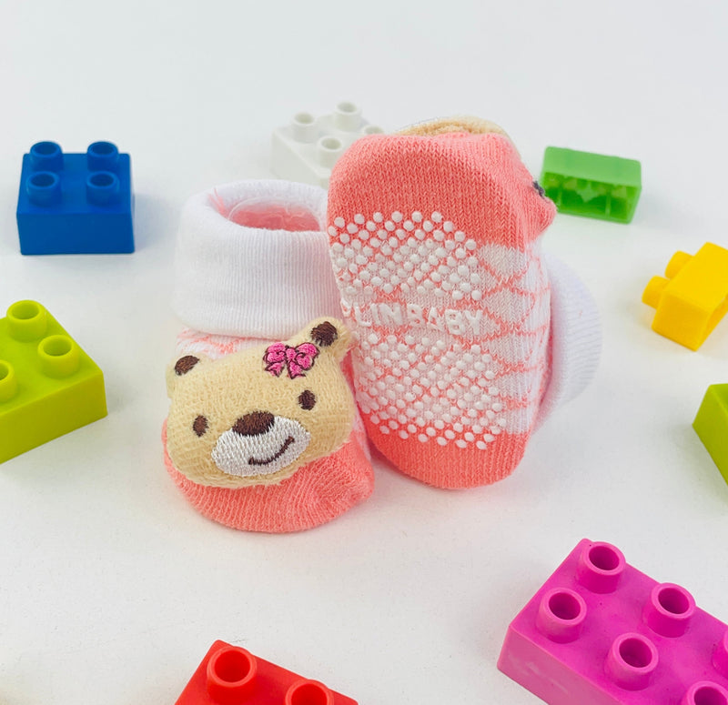 Meia Bichinhos Plin Baby Ursa De Lacinho Antiderrapante - Salmão