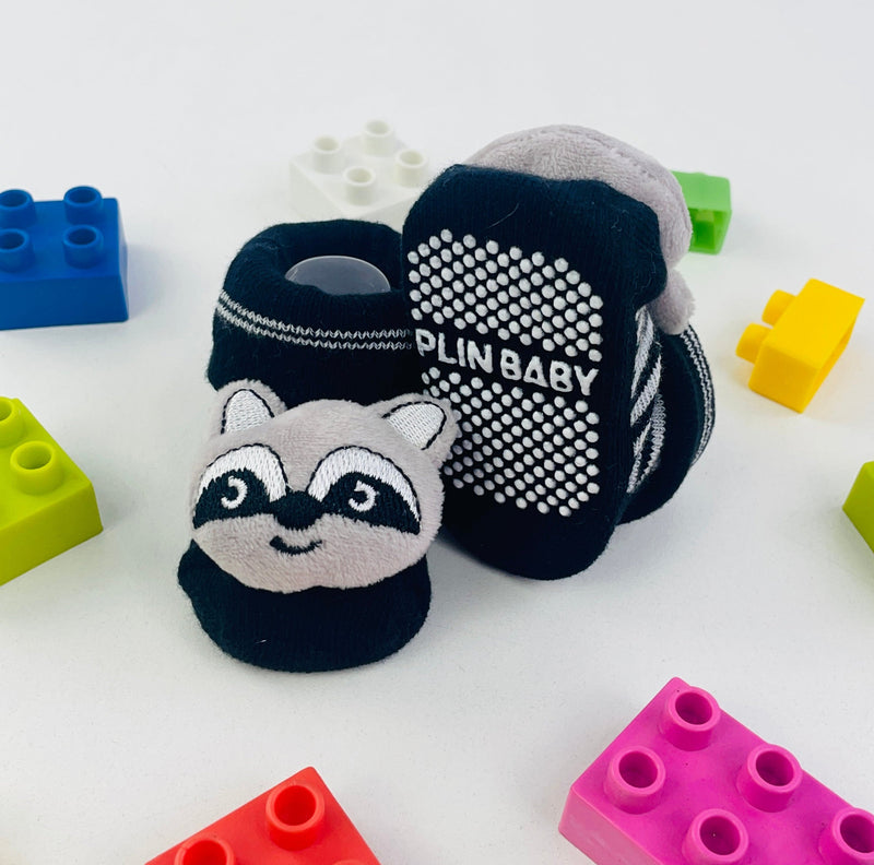 Meia Bichinhos Plin Baby Guaxinin Antiderrapante - Preto