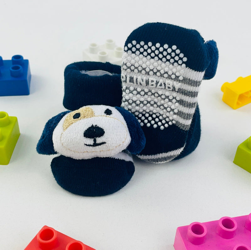 Meia Bichinhos Plin Baby Cachorro Listras Antiderrapante - Marinho