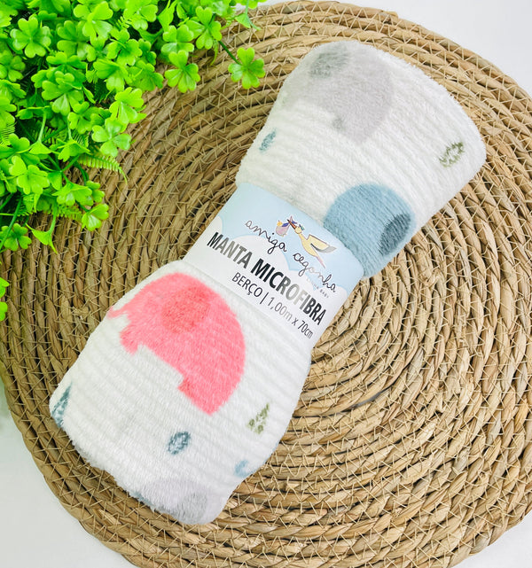 Manta Amiga Cegonha  Elefantes Listars Microfibra - Branco - 100 X70 Cm