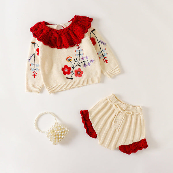 Conjunto Infantil Feminino Tricô Florzinhas
