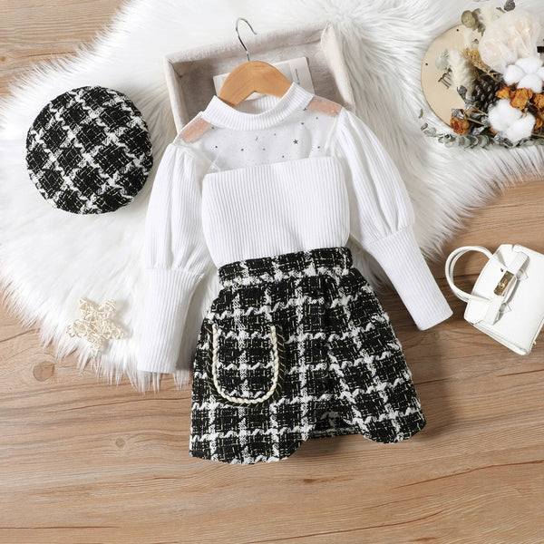 Conjunto Infantil Feminino Branco e Xadrez