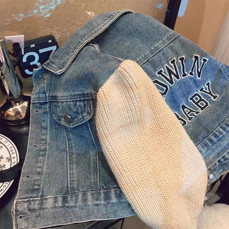 Jaqueta Infantil Jeans Manga Tricô