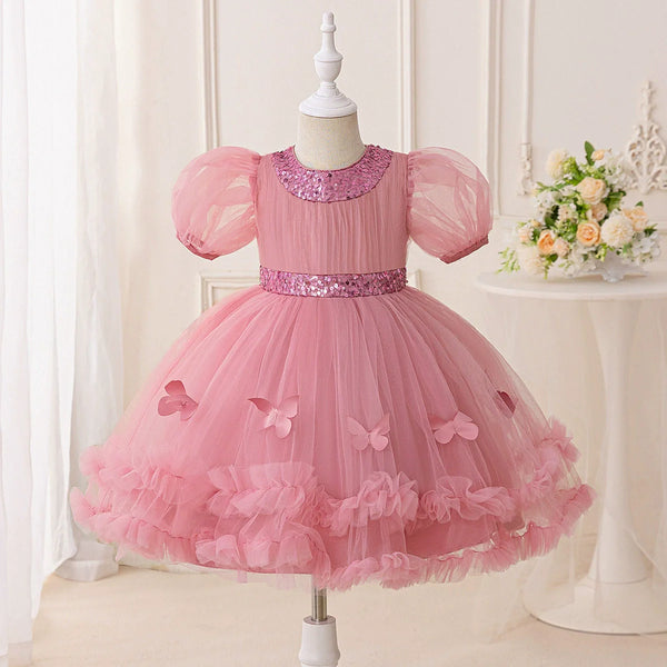 Vestido de Festa Rosa de Tule Borboletas