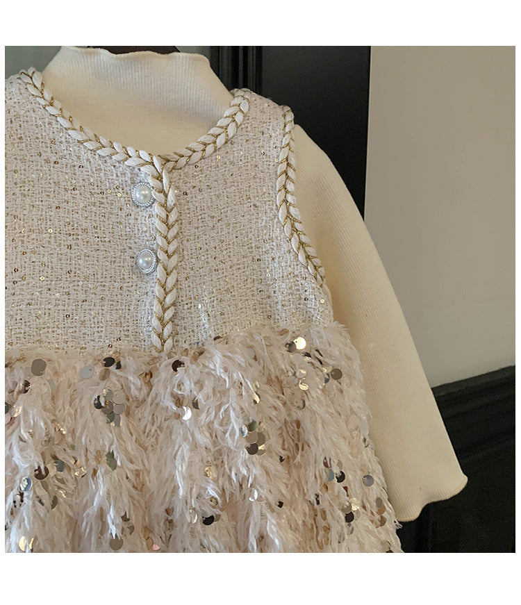 Conjunto Infantil Vestido Plumas Brilhante + Blusa