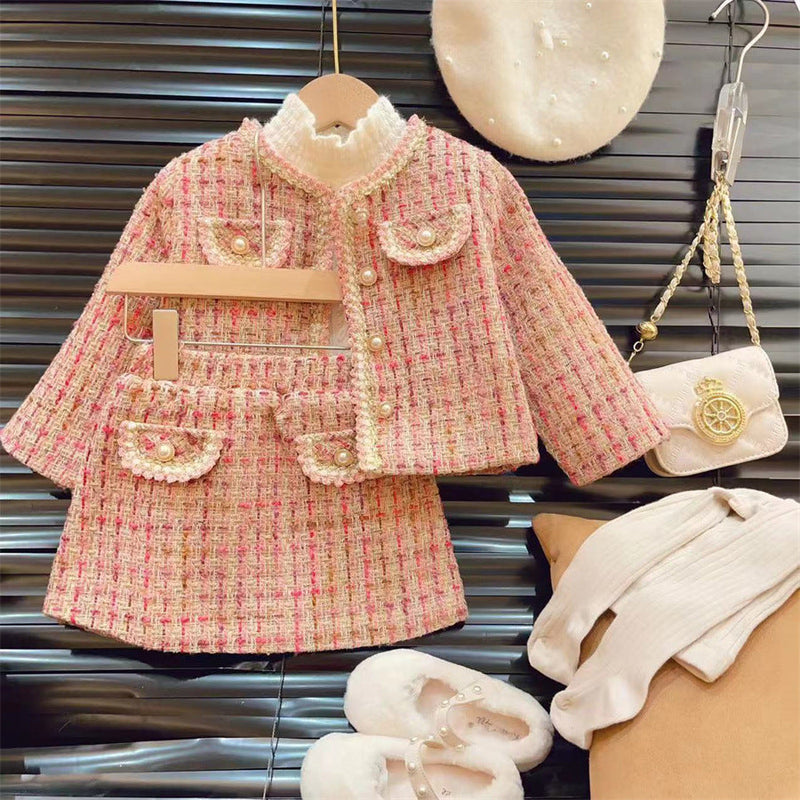 Conjunto Infantil Feminino Tweed Rosa Pérolas
