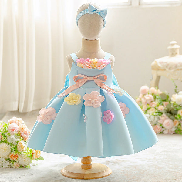 Vestido de Festa Azul Com Florzinhas