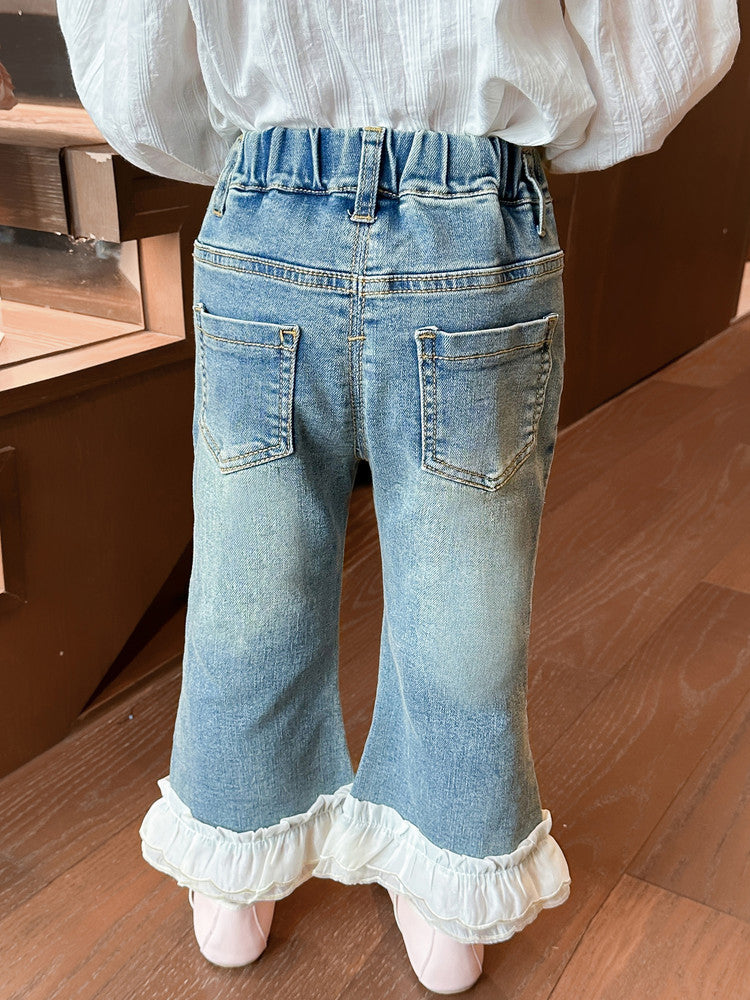 Calça Infantil Feminina Jeans Barra Florzinhas