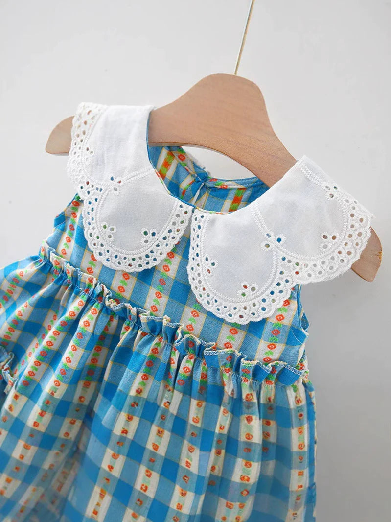 Vestido Infantil Xadrez Rendinha na Gola