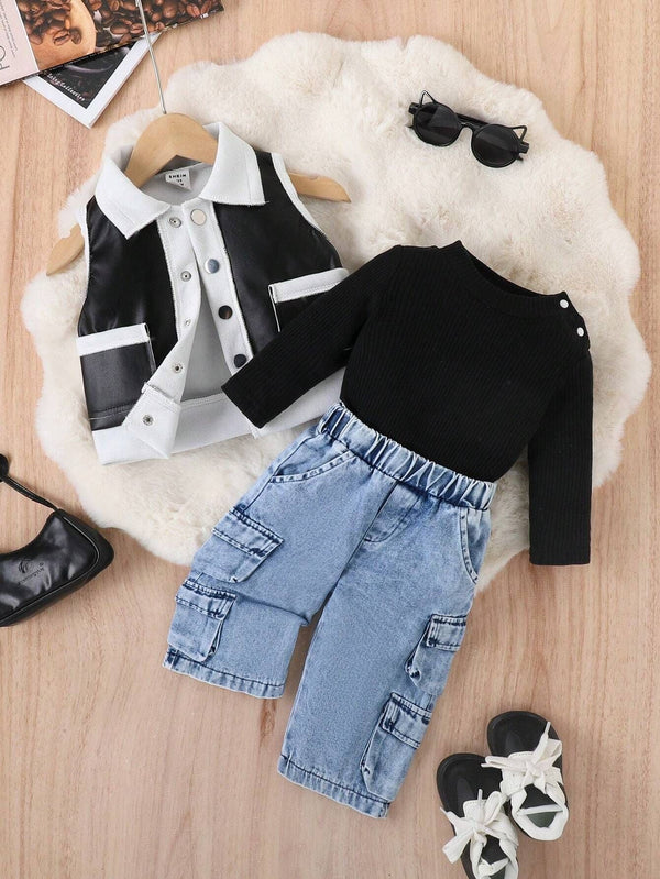 Conjunto Infantil Feminino 3 Peças Colete e Jeans