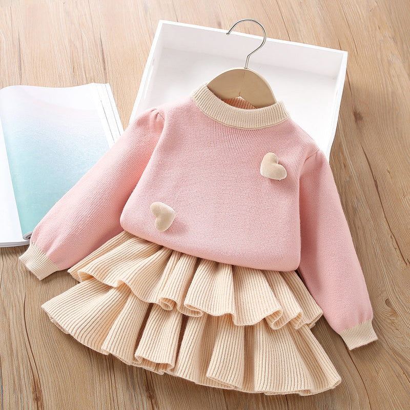 Conjunto Infantil Feminino Tricô Corações e Sainha Plíssada