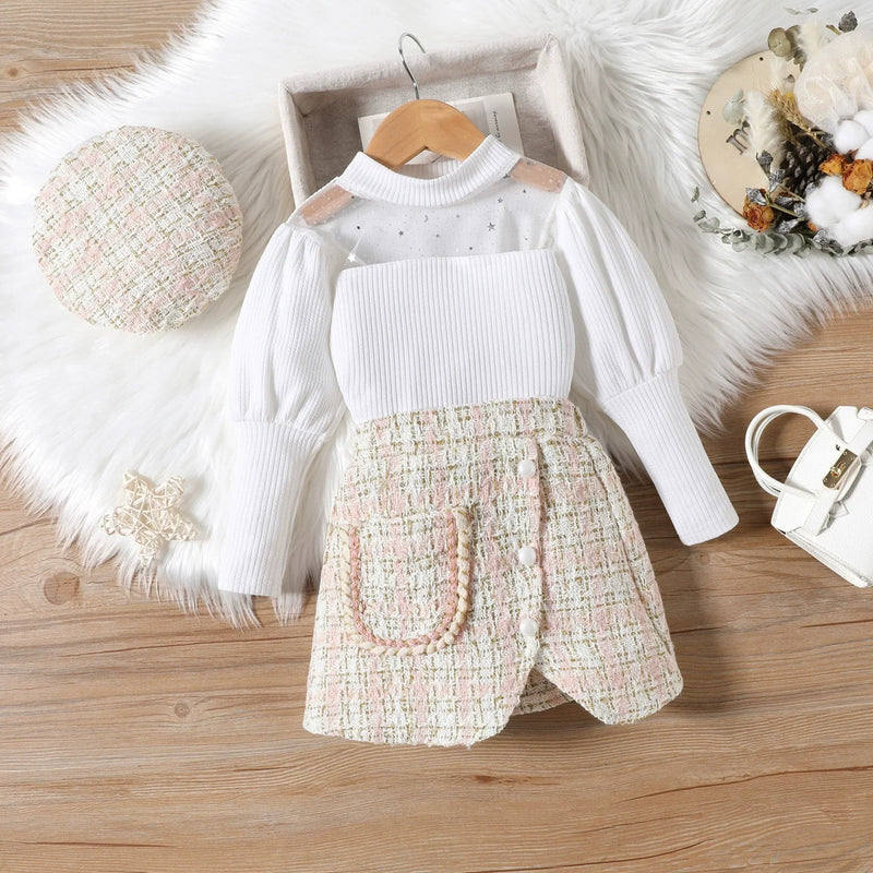 Conjunto Infantil Feminino Branco e Xadrez