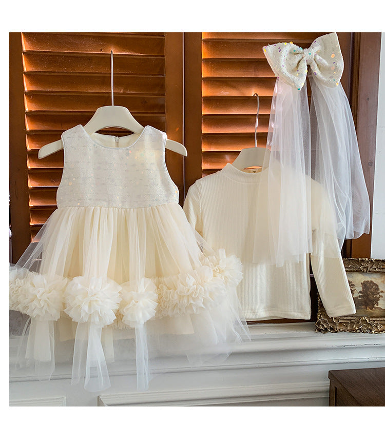 Vestido Infantil Tule Brilhante + Lacinho