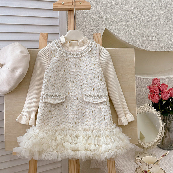 Vestido Infantil Tweed e Pérolas