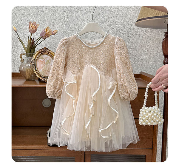 Vestido Infantil Brilhante e Tule Com Laço