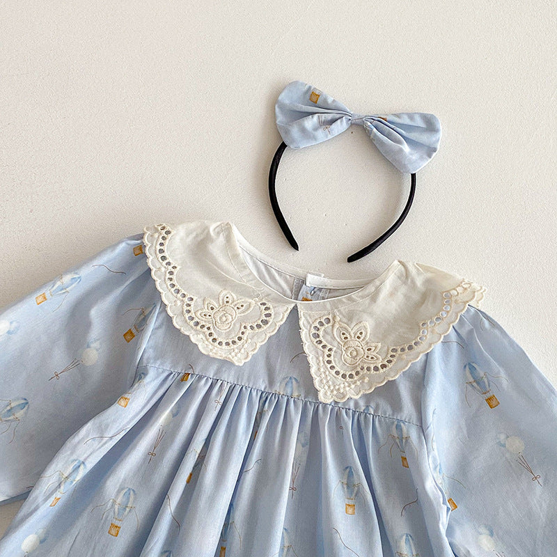 Body/ Vestido Infantil Azul Florzinhas e Renda
