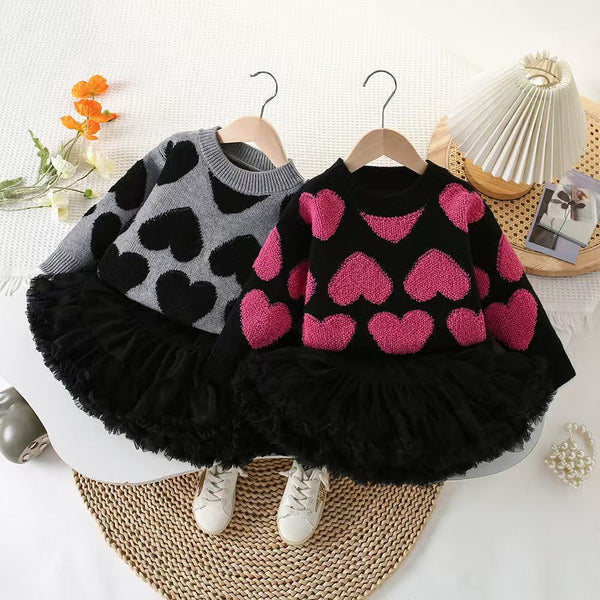 Conjunto Infantil Tricô Corações e Tule