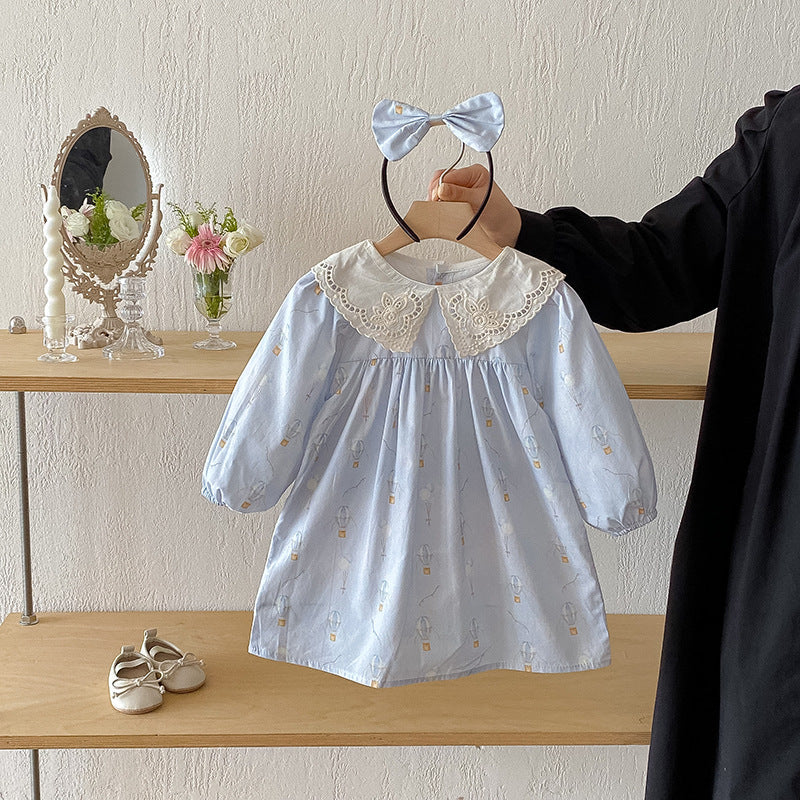 Body/ Vestido Infantil Azul Florzinhas e Renda