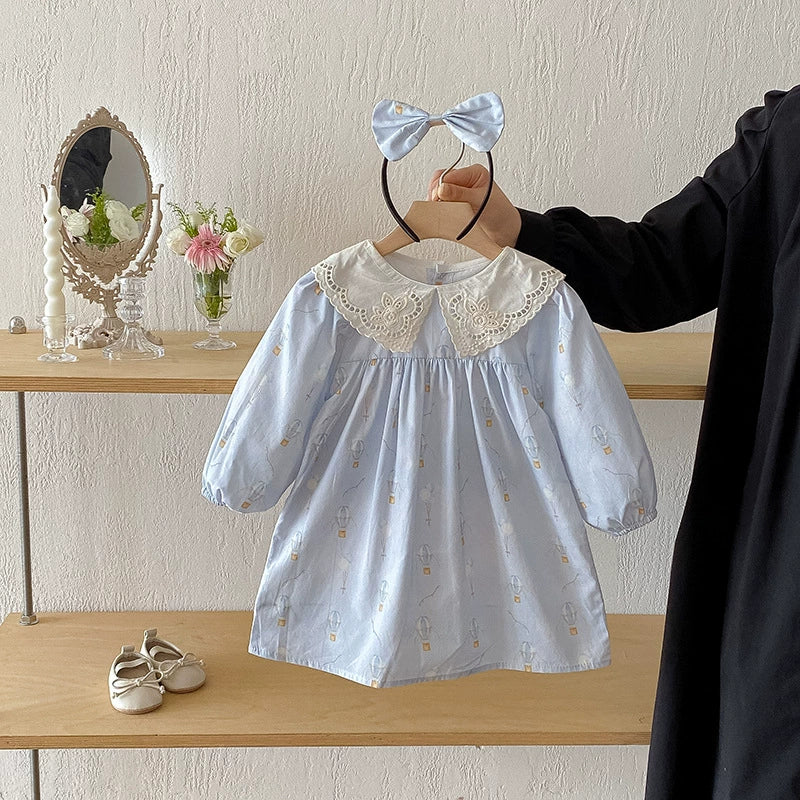 Body/ Vestido Infantil Azul Florzinhas e Renda