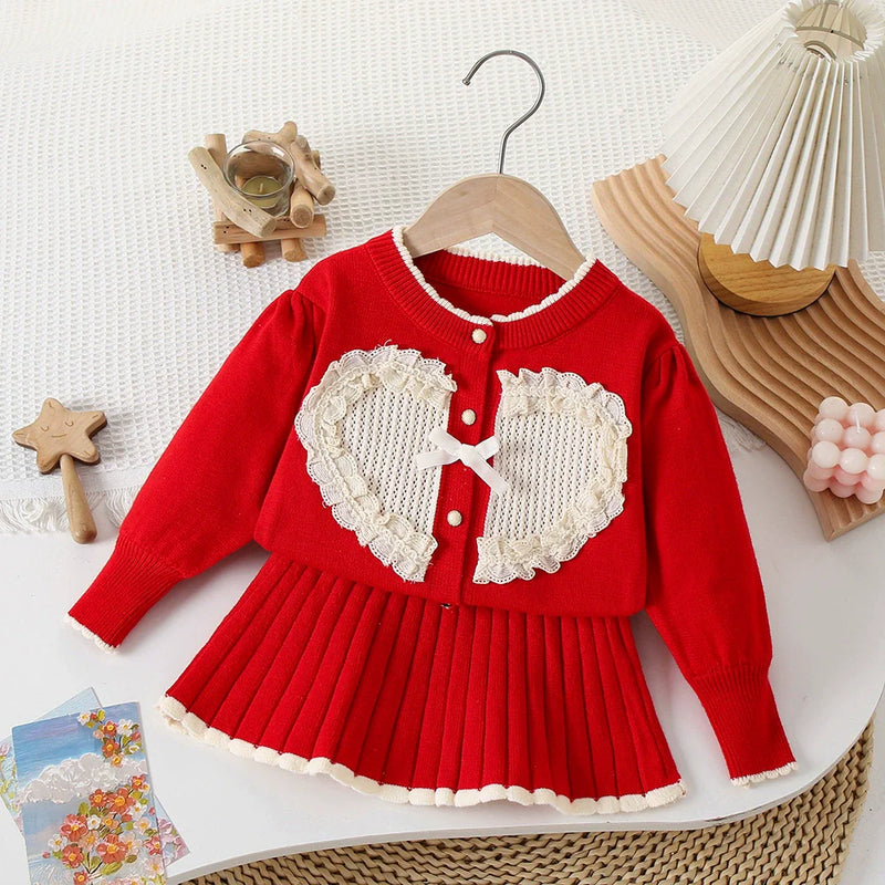 Conjunto Infantil Feminino Tricô Coração com Lacinho