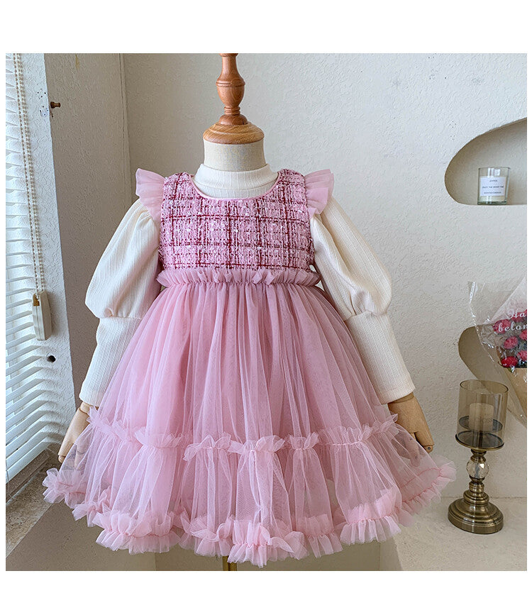 Vestido Infantil Tweed Tule + Manga Longa