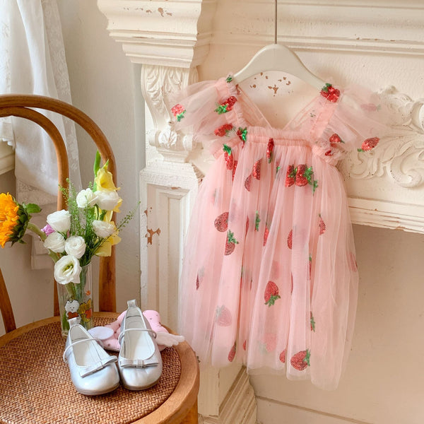 Vestido Infantil Tule Moranguinhos