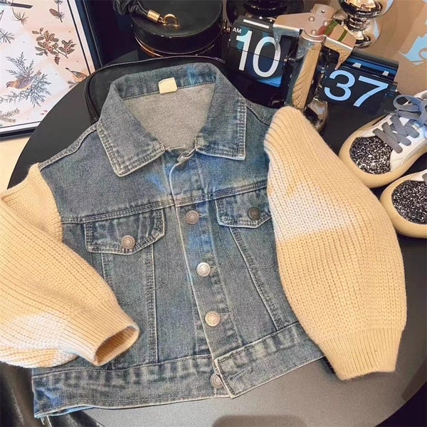 Jaqueta Infantil Jeans Manga Tricô
