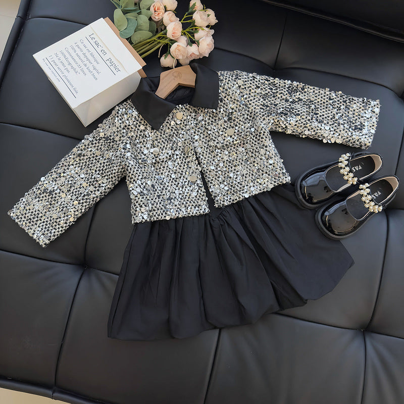Conjunto Infantil Feminino Vestido  Brilhos + Casaco Lantejoulas