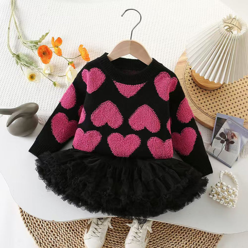 Conjunto Infantil Tricô Corações e Tule