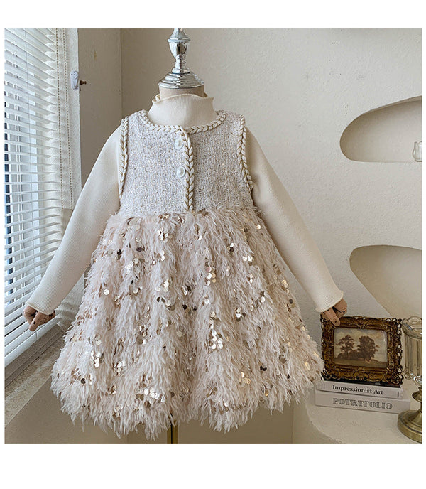 Conjunto Infantil Vestido Plumas Brilhante + Blusa