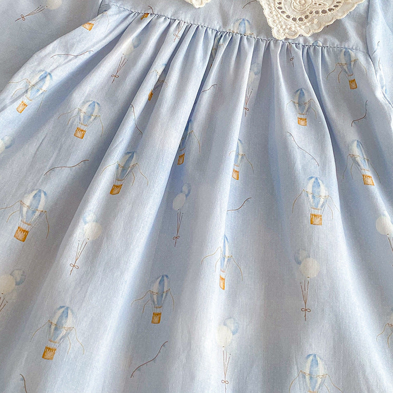 Body/ Vestido Infantil Azul Florzinhas e Renda