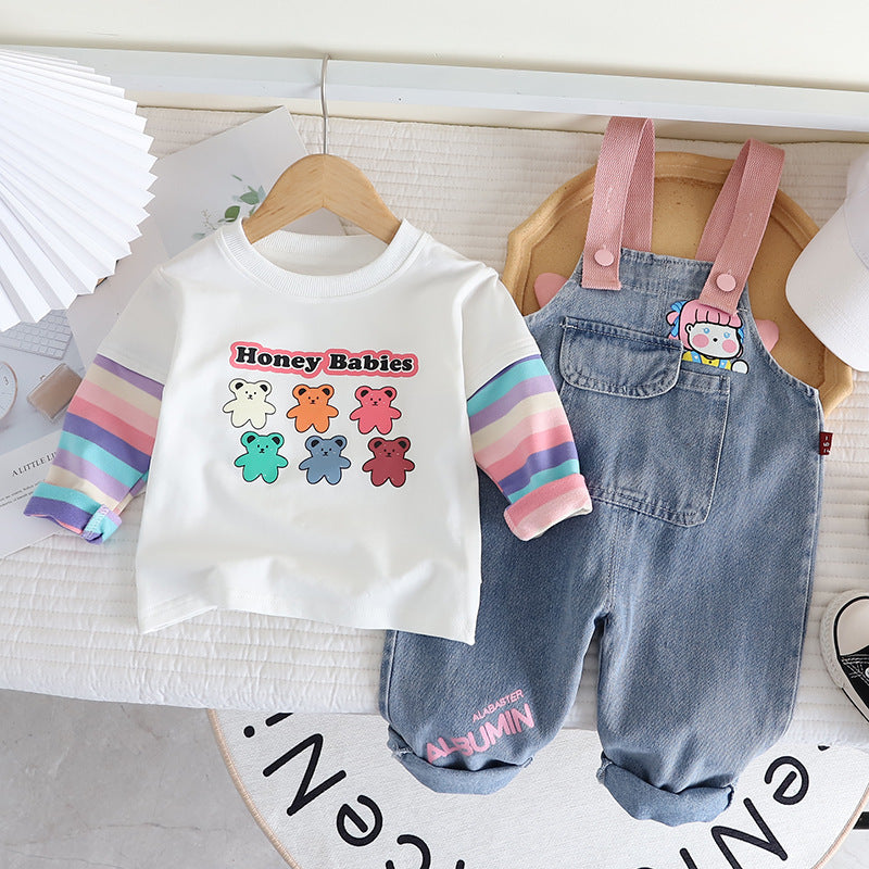 Conjunto Infantil Feminino Jardineira Ursinho e Lístras